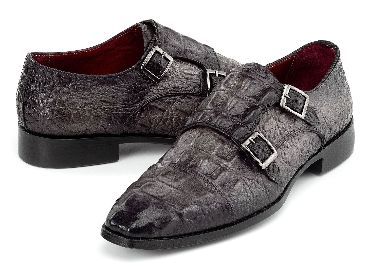 Paul Parkman Double Monkstrap Shoes Gray Crocodile Textured Leather (ID#045BF96)