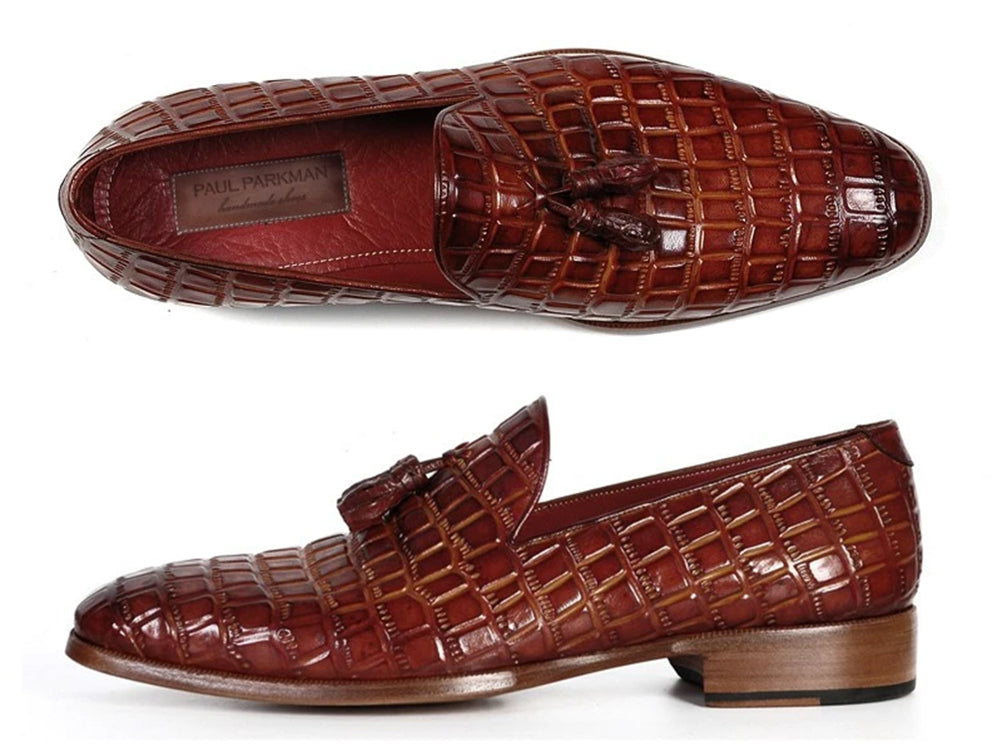 Paul Parkman Brown Crocodile Embossed Calfskin Tassel Loafer (ID#0823-BRW)