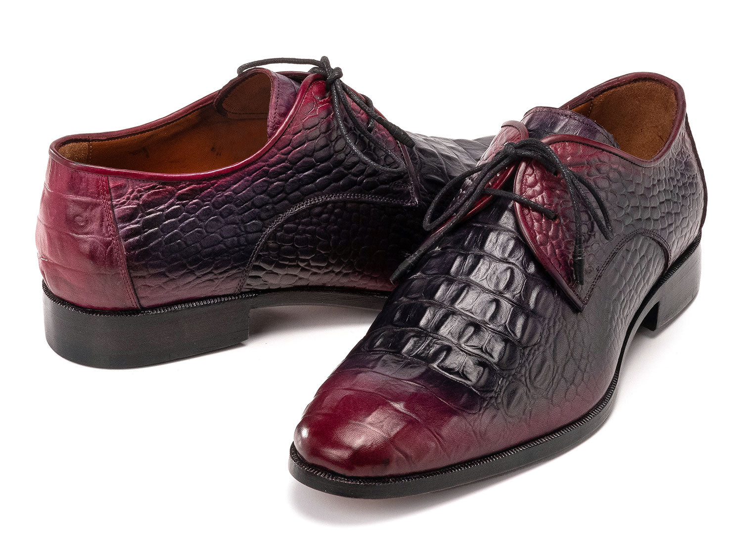 Paul Parkman Men's Black & Purple Crocodile Textured Leather Derby Shoes (ID#1438BPR)