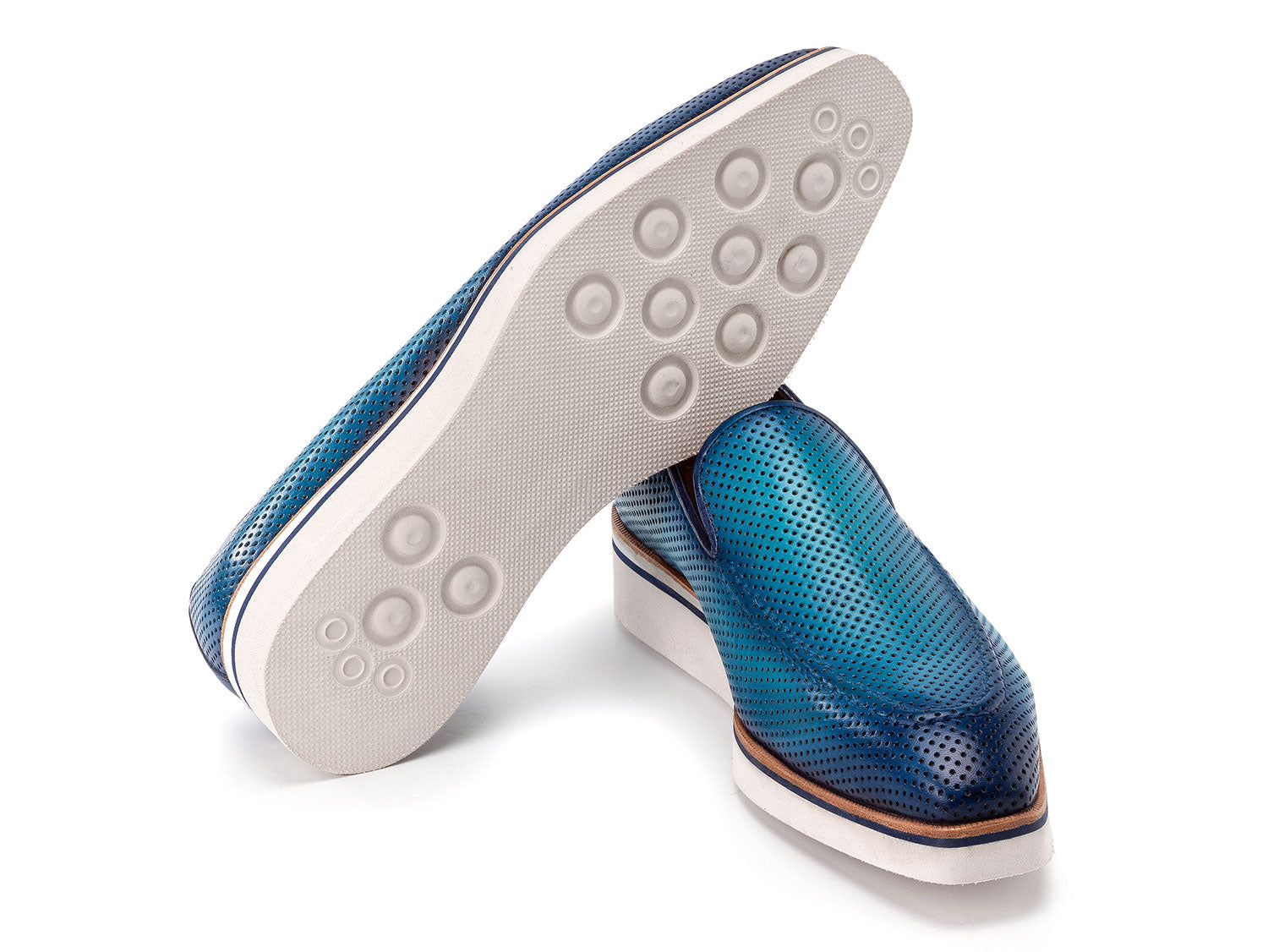Paul Parkman Men's Smart Casual Perforated Leather Loafers Turquoise (ID#186-PR-TRQ)