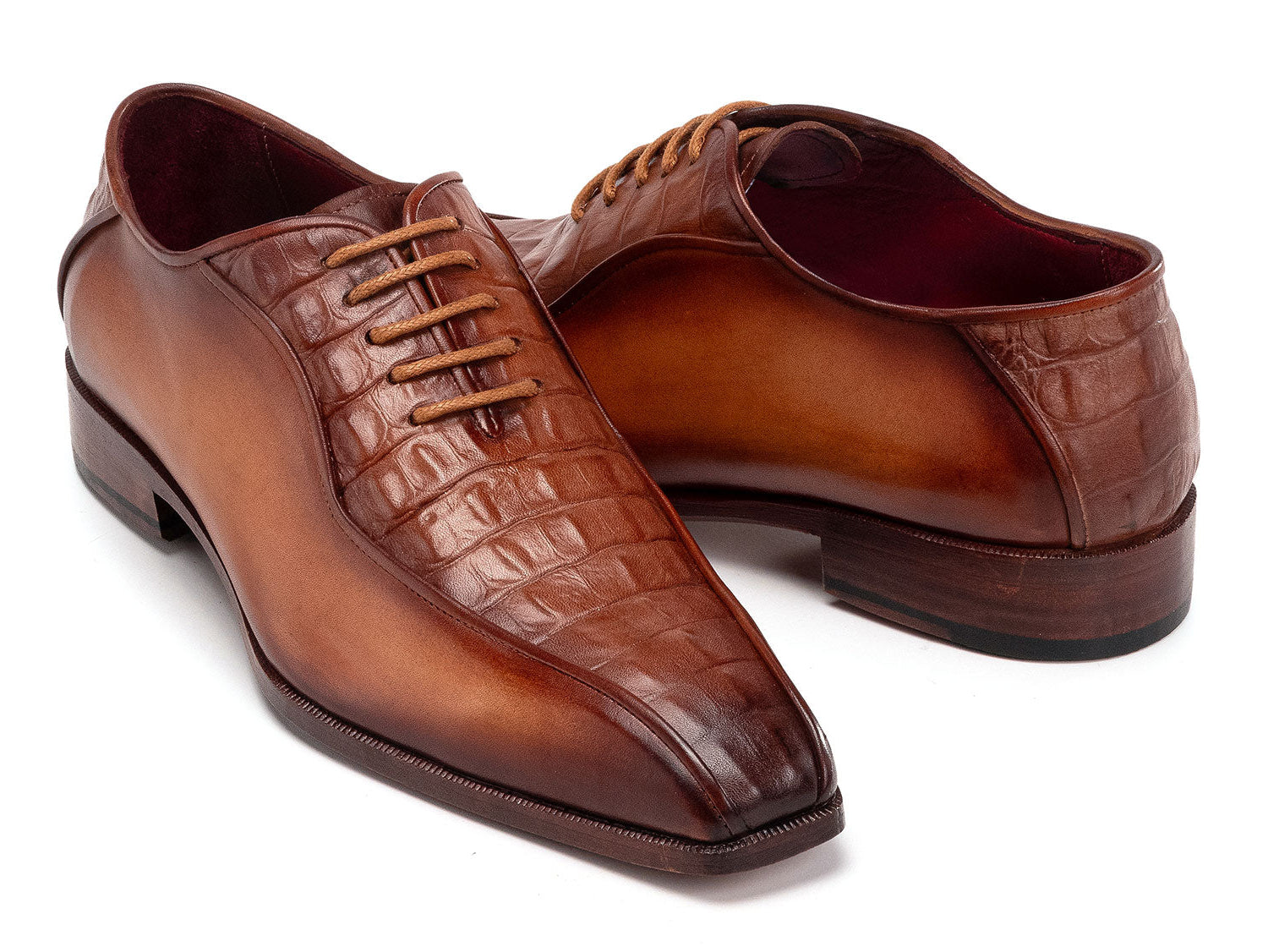 Paul Parkman Men's Camel Brown Croco Textured Leather Bicycle Toe Oxfords (ID#94-255)