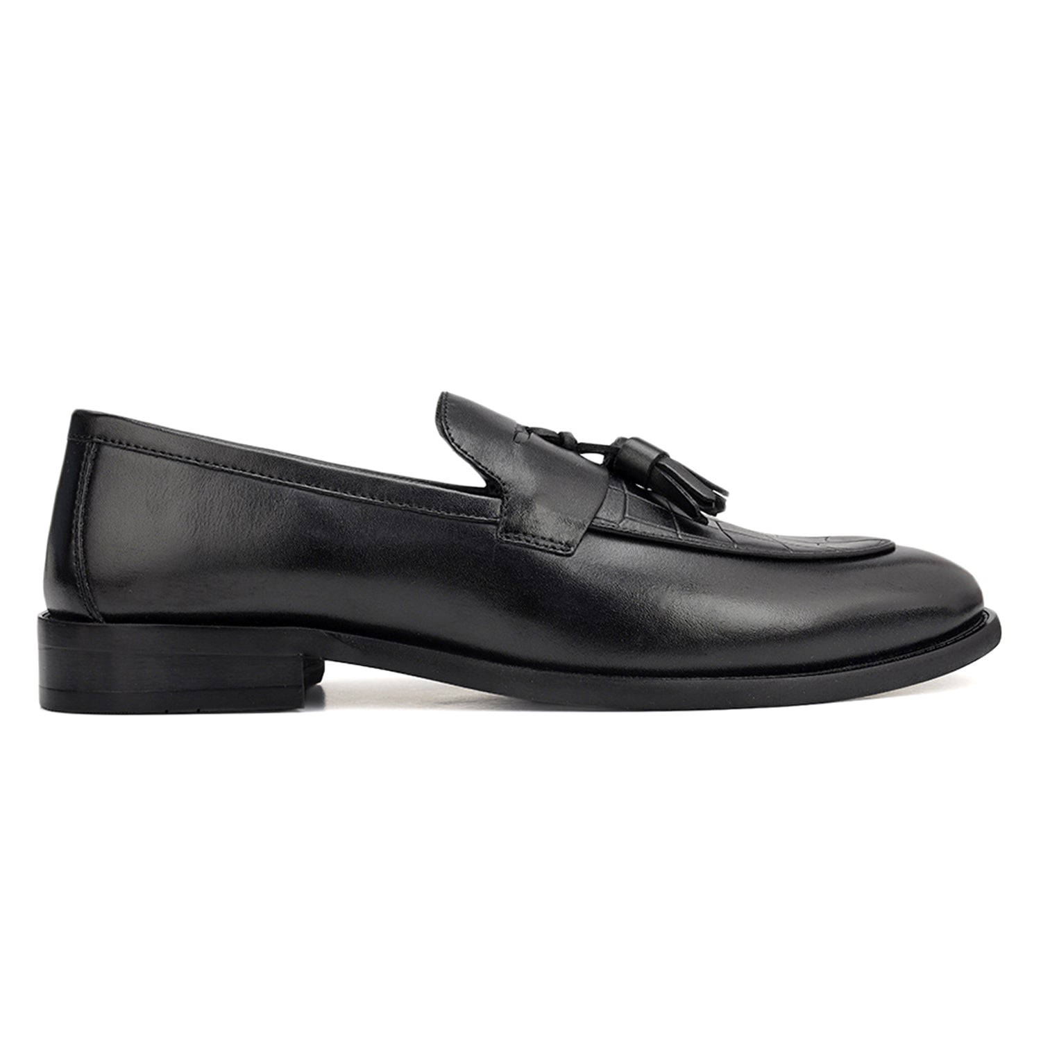 Black Croco Textured Loafers With Tassels