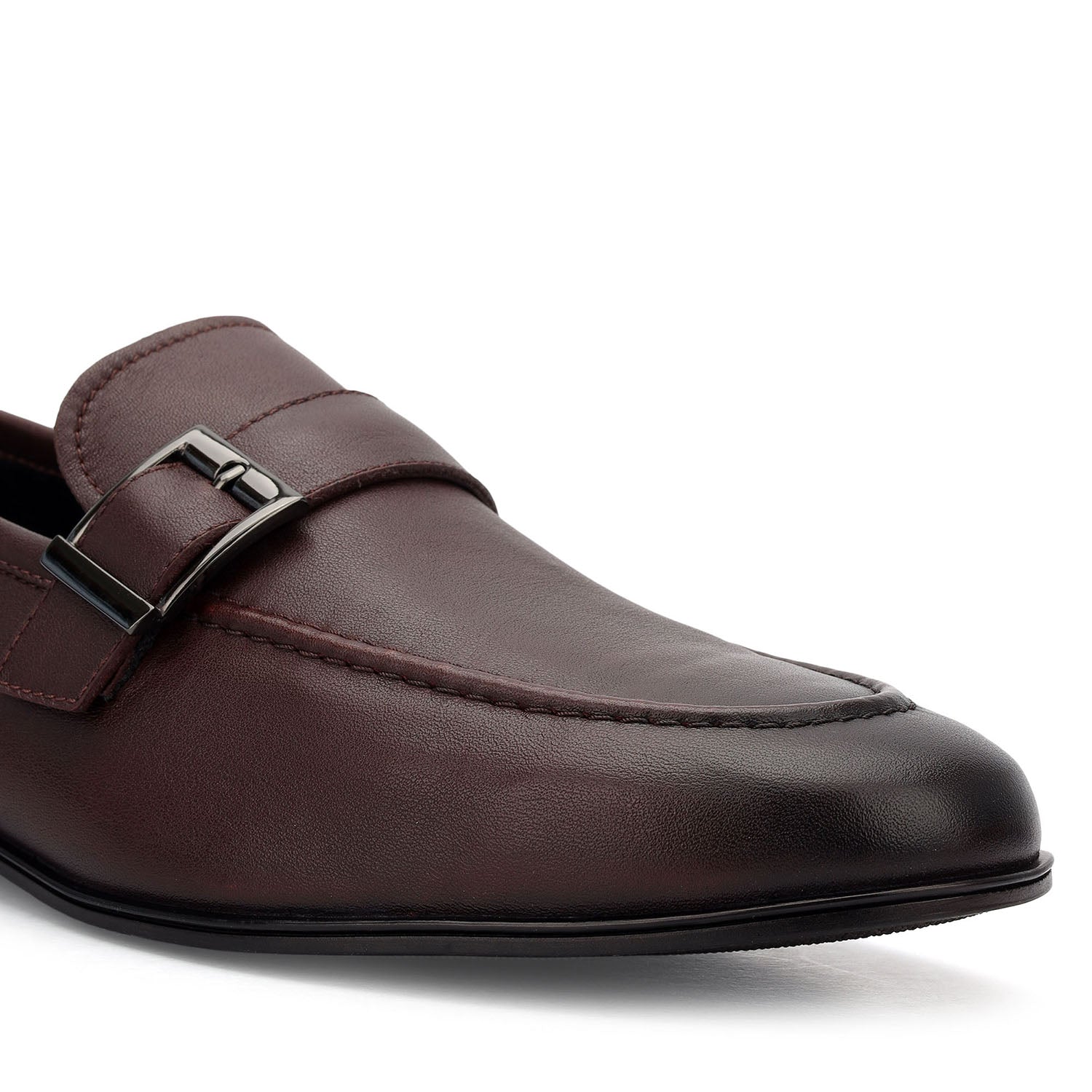 Burgundy Leather Loafers With Buckle Detail