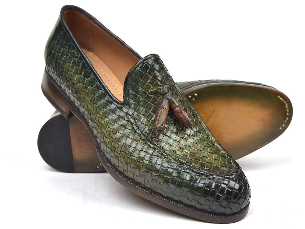 Paul Parkman Woven Leather Tassel Loafers Green (ID#WVN44-GRN)