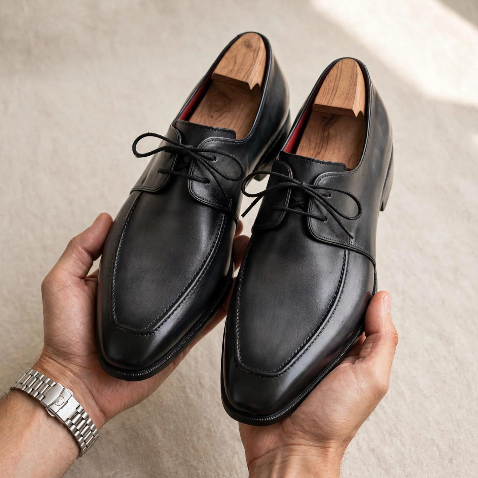 Cobbler India Gray & Black Apron Derby Shoes For Men