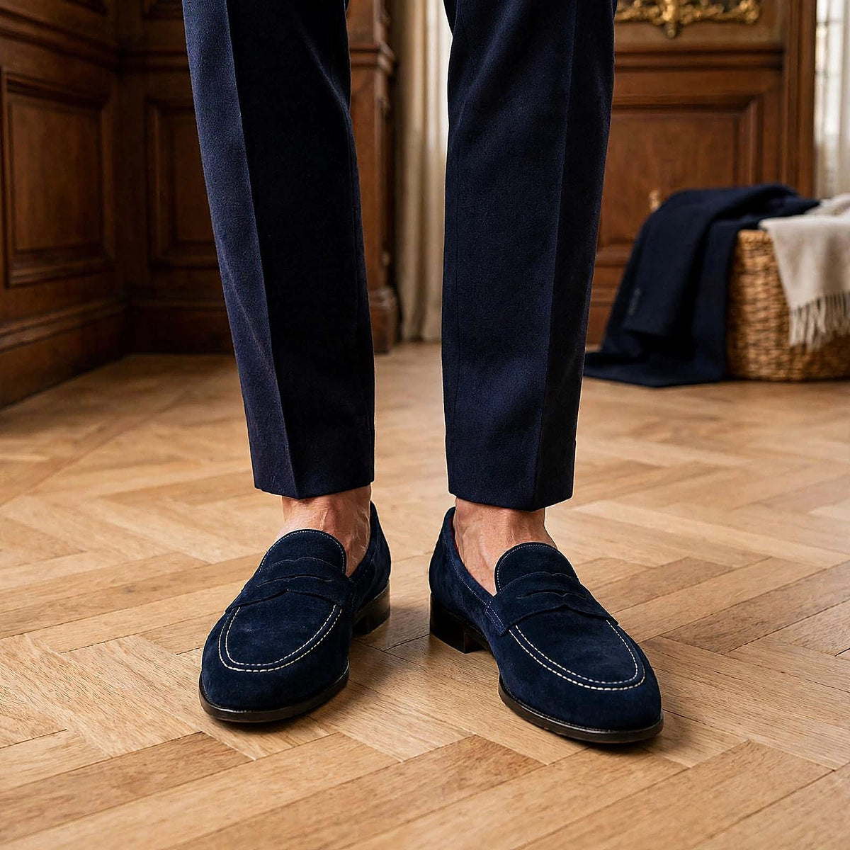 Cobbler India Men's Penny Loafers Navy Suede