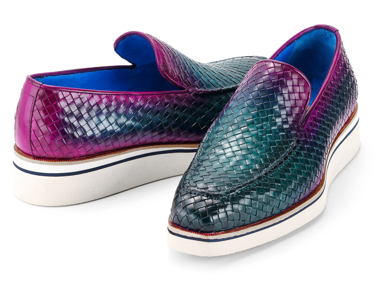 Paul Parkman Men's Smart Casual Woven Leather Loafers Green & Purple (ID#186-WN-GPR)