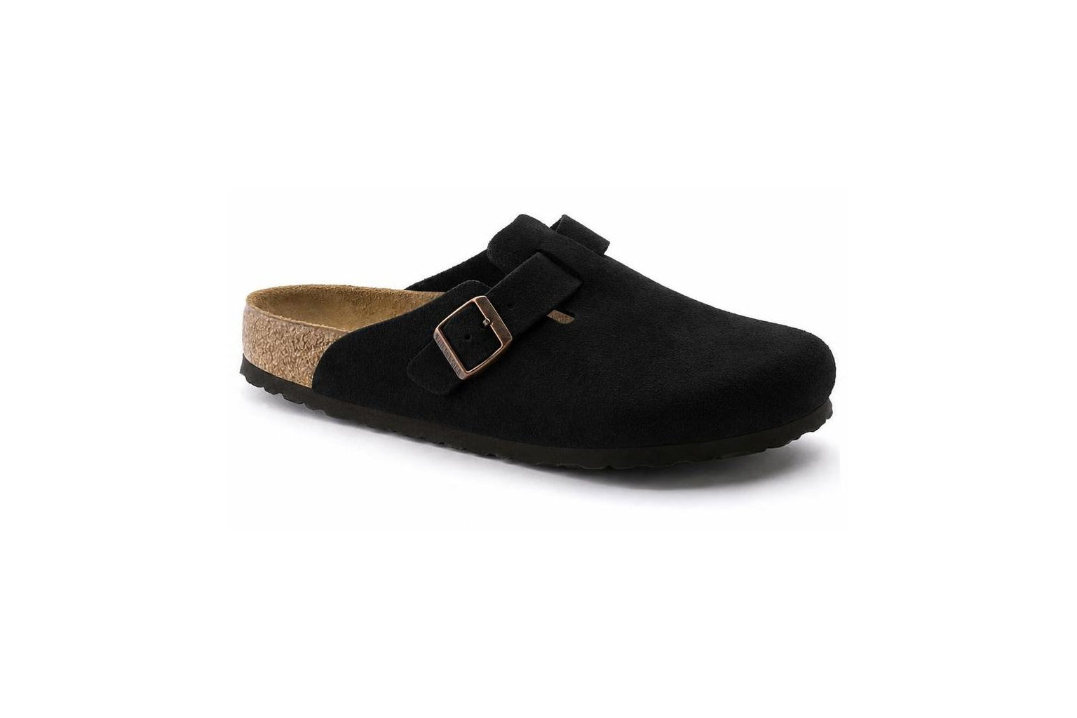 Black suede cork footbed slip-on clog side view