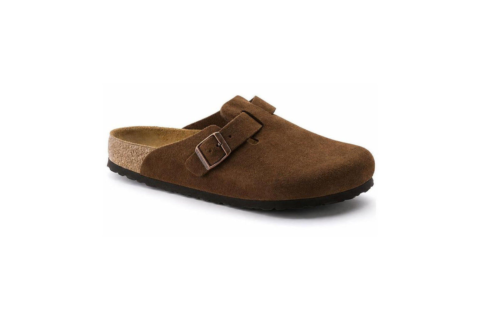 Brown suede cork footbed slip-on clog side view