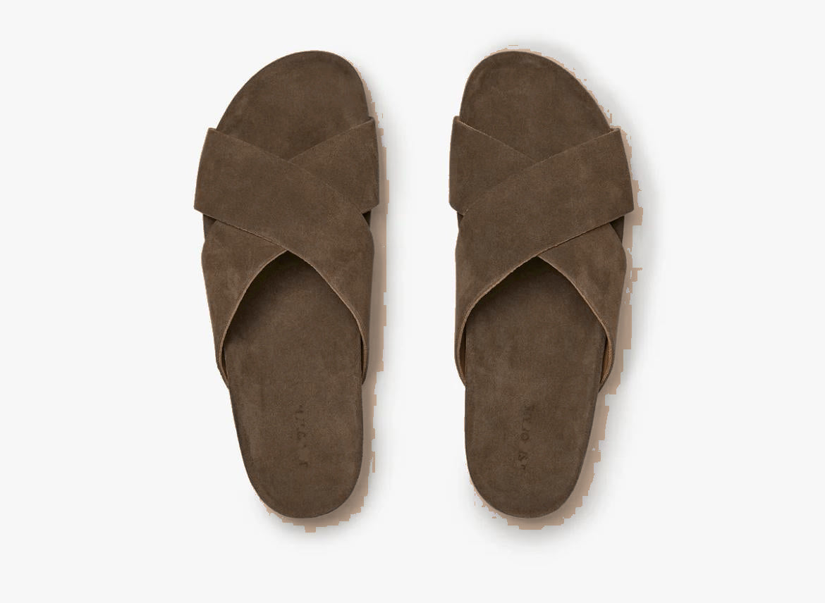 Brown suede cross-over slip-on sandals top view