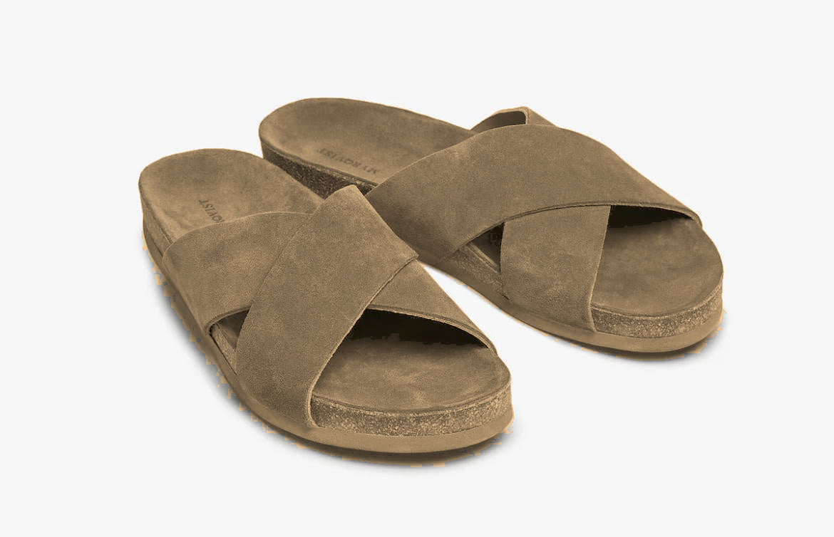 Tan suede cross-over slip-on sandals angled pair view