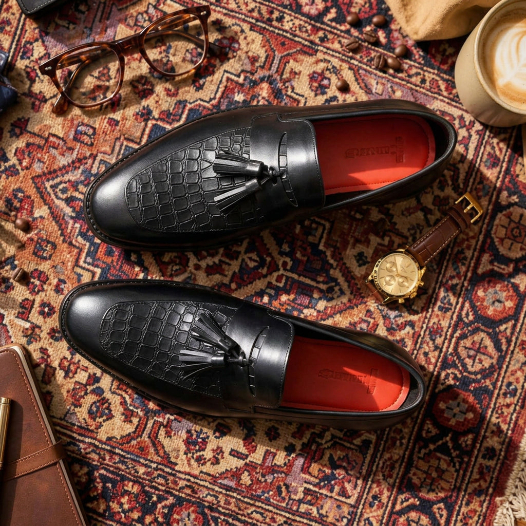 Cobbler India Black Croco Textured Loafers With Tassels