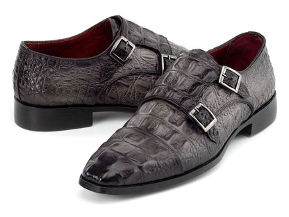 Paul Parkman Double Monkstrap Shoes Gray Crocodile Textured Leather (ID#045BF96)