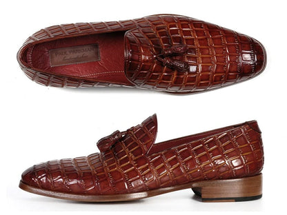 Paul Parkman Brown Crocodile Embossed Calfskin Tassel Loafer (ID#0823-BRW)