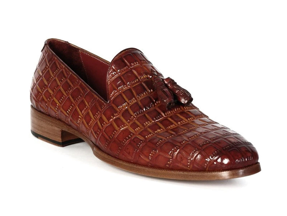 Paul Parkman Brown Crocodile Embossed Calfskin Tassel Loafer (ID#0823-BRW)
