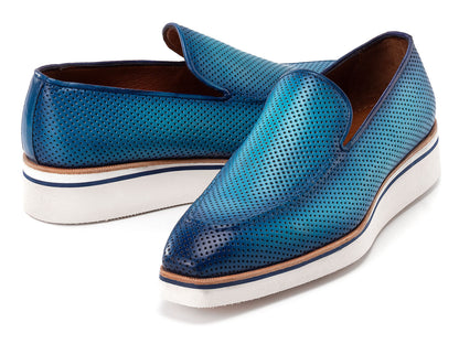 Paul Parkman Men's Smart Casual Perforated Leather Loafers Turquoise (ID#186-PR-TRQ)