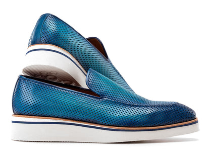 Paul Parkman Men's Smart Casual Perforated Leather Loafers Turquoise (ID#186-PR-TRQ)
