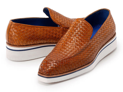 Paul Parkman Men's Smart Casual Light Brown Woven Leather Loafers (ID#186-WN-CML)