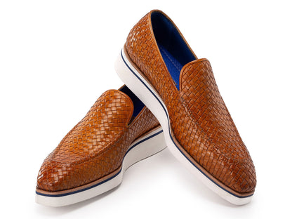 Paul Parkman Men's Smart Casual Light Brown Woven Leather Loafers (ID#186-WN-CML)