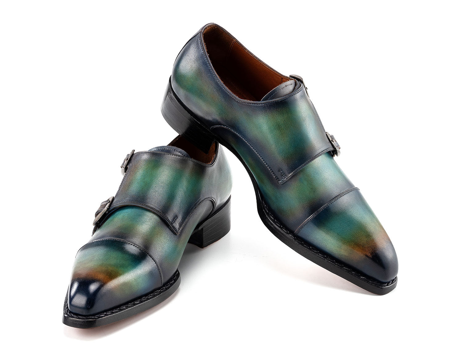 Paul Parkman Men's Cap Toe Double Monkstrap Shoes Green & Blue Patina (ID#2598-5BG)
