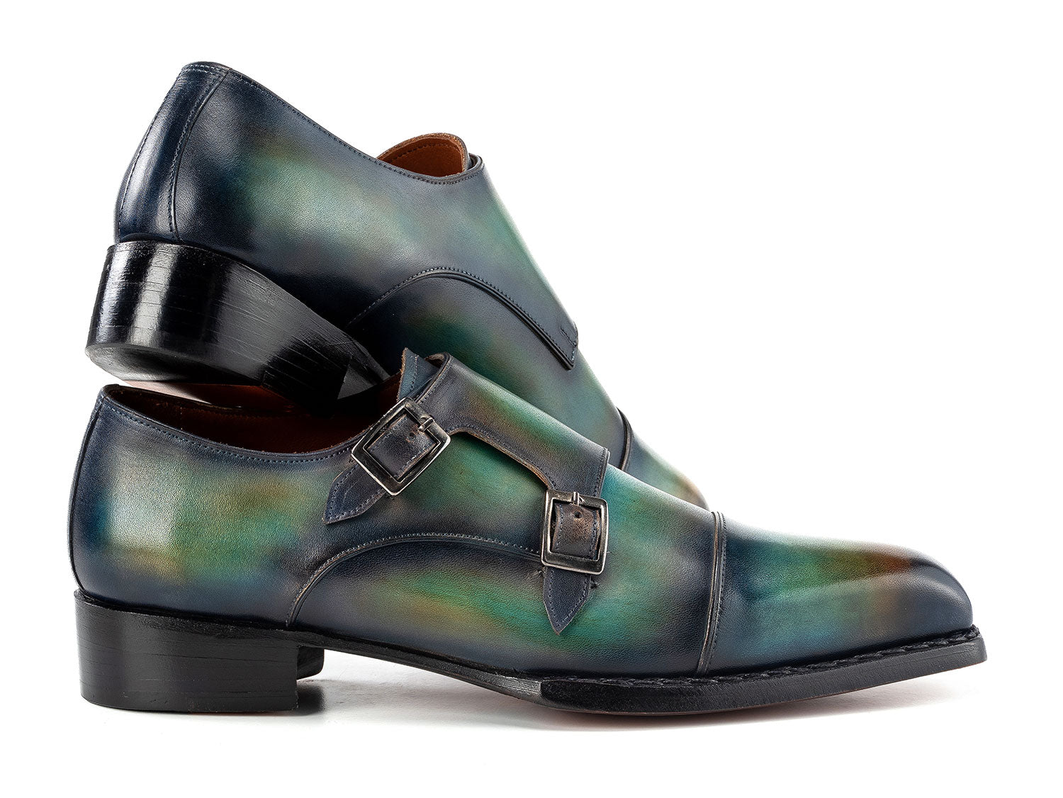 Paul Parkman Men's Cap Toe Double Monkstrap Shoes Green & Blue Patina (ID#2598-5BG)