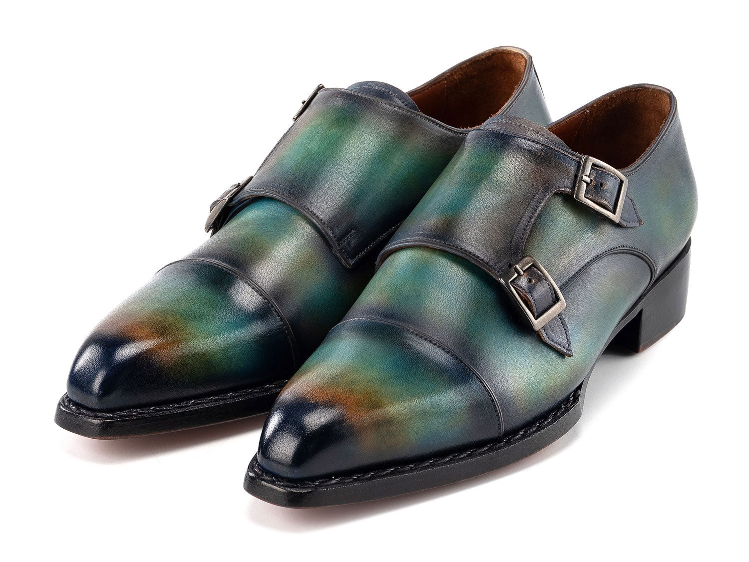 Paul Parkman Men's Cap Toe Double Monkstrap Shoes Green & Blue Patina (ID#2598-5BG)