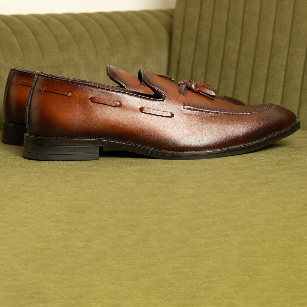 Hand-Painted Brown Leather Tassel Loafers for Men – Premium Dress Shoes