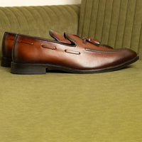 Hand-Painted Brown Leather Tassel Loafers for Men – Premium Dress Shoes