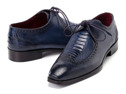 Paul Parkman Men's Navy Blue Genuine Ostrich Leg & Calfskin Derby Shoes (ID#788NV61)