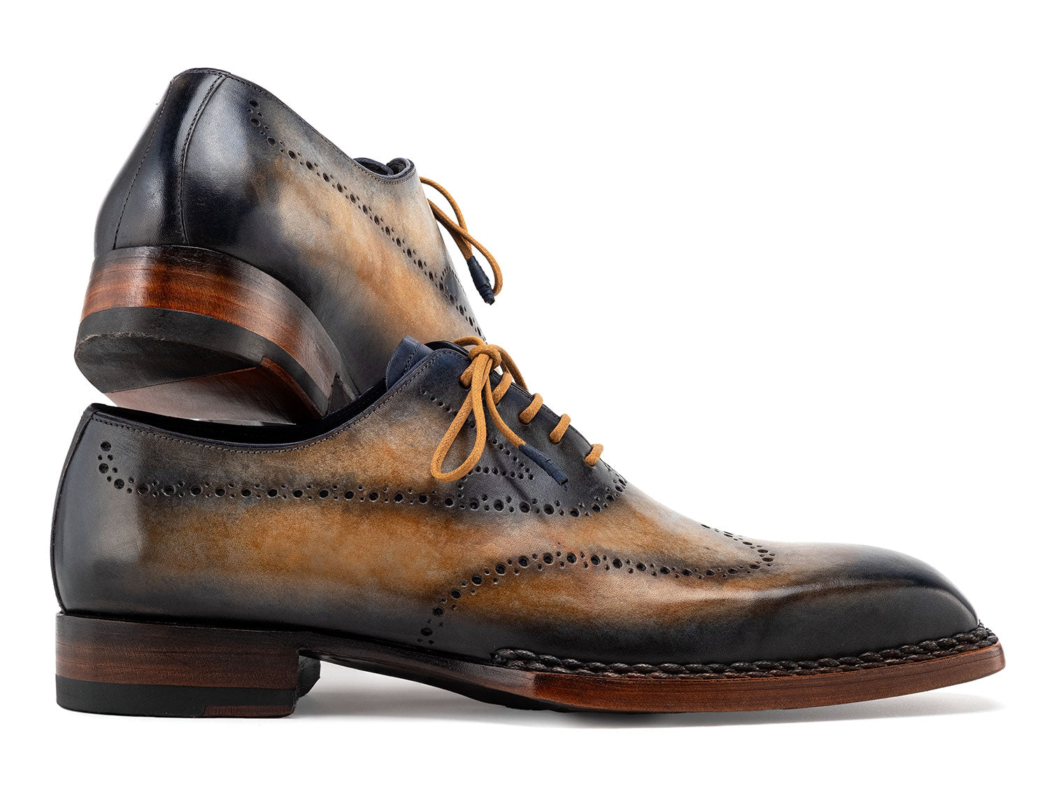 Paul Parkman Goodyear Welted Men's Wingtip Oxfords Camel & Navy (ID#81CML62)