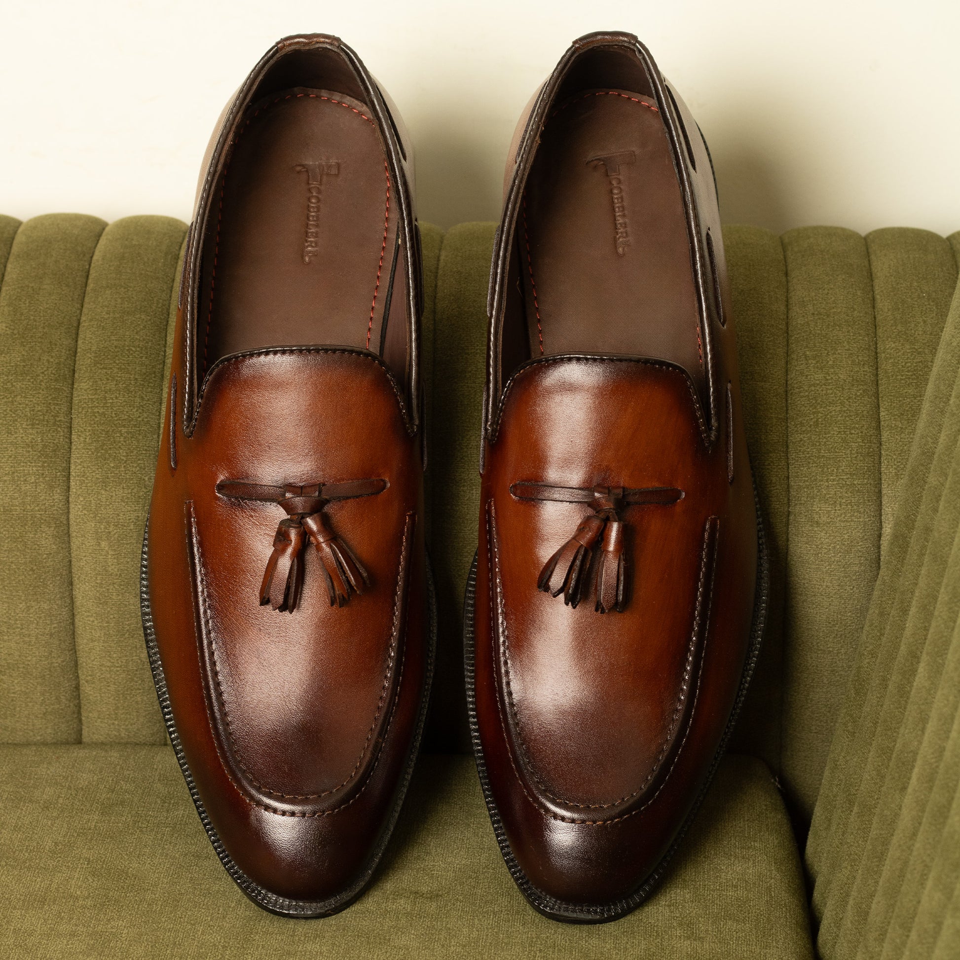 Hand-Painted Brown Leather Tassel Loafers for Men – Premium Dress Shoes