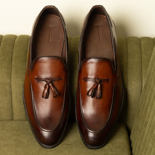 Hand-Painted Brown Leather Tassel Loafers for Men – Premium Dress Shoes