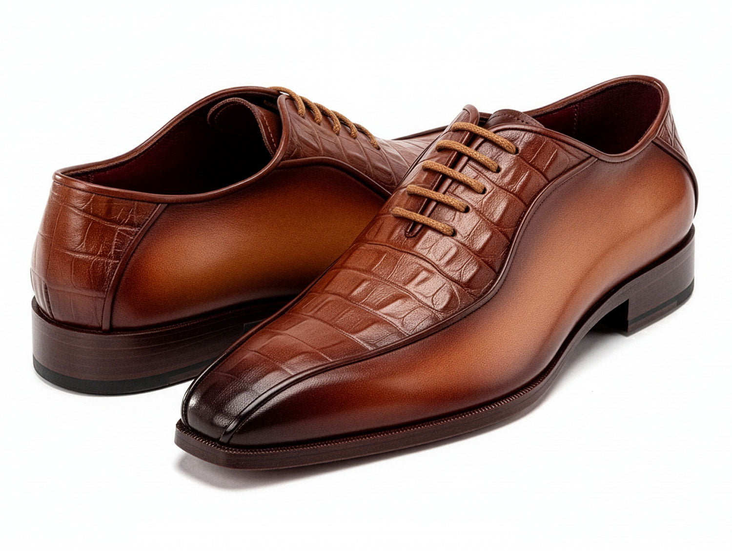 Paul Parkman Men's Camel Brown Croco Textured Leather Bicycle Toe Oxfords (ID#94-255)