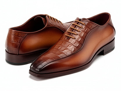 Paul Parkman Men's Camel Brown Croco Textured Leather Bicycle Toe Oxfords (ID#94-255)