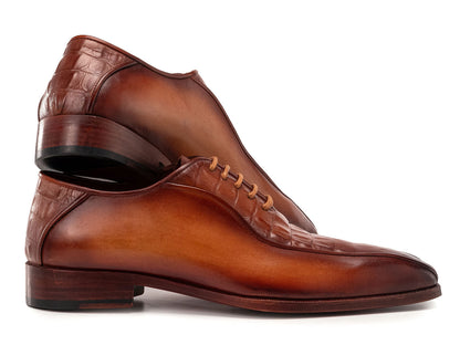 Paul Parkman Men's Camel Brown Croco Textured Leather Bicycle Toe Oxfords (ID#94-255)