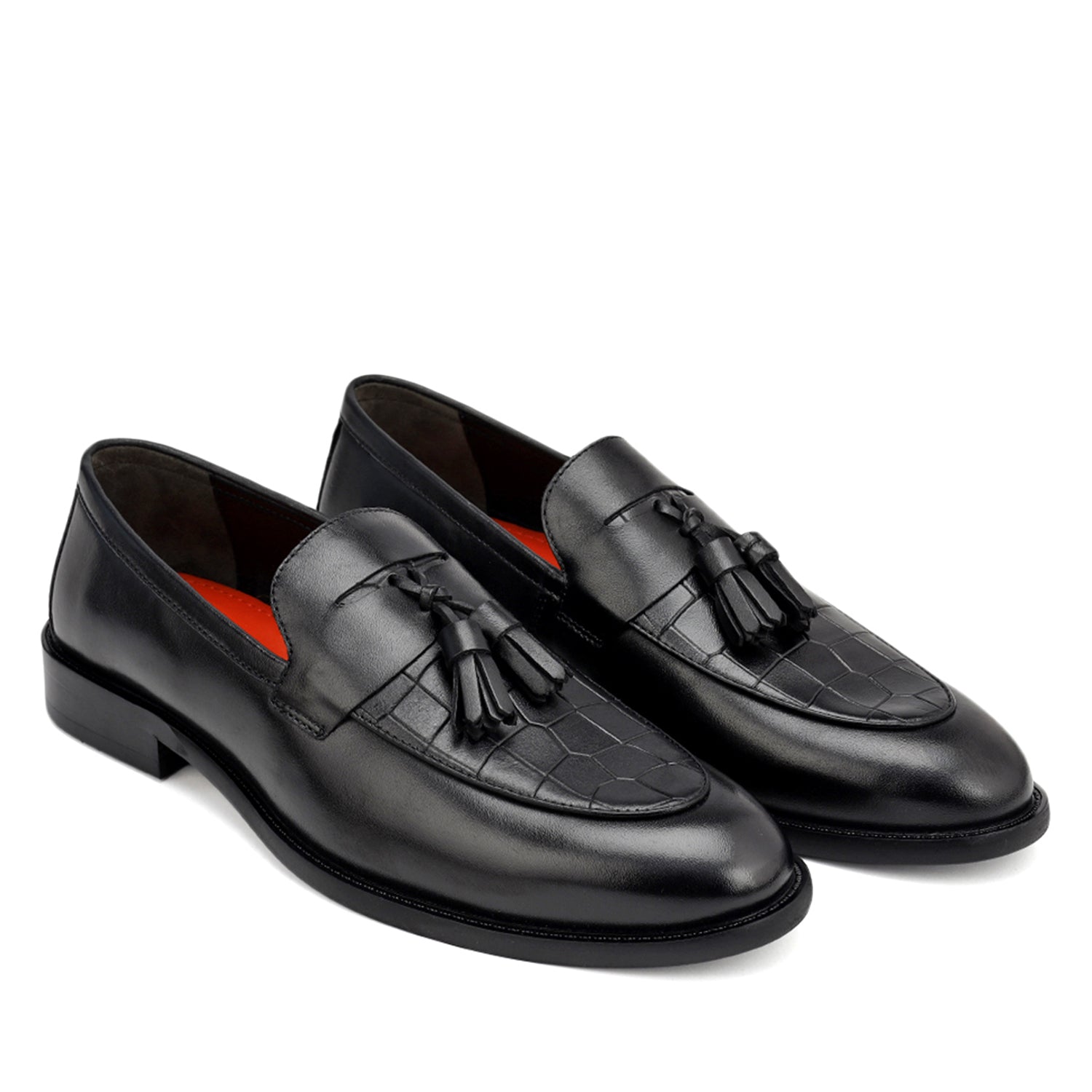 Black Croco Textured Loafers With Tassels