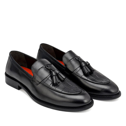 Black Croco Textured Loafers With Tassels