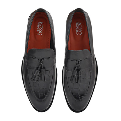 Black Croco Textured Loafers With Tassels