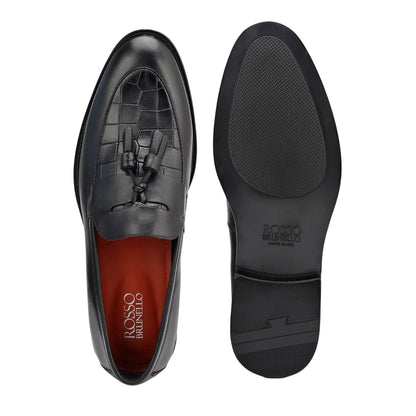 Black Croco Textured Loafers With Tassels