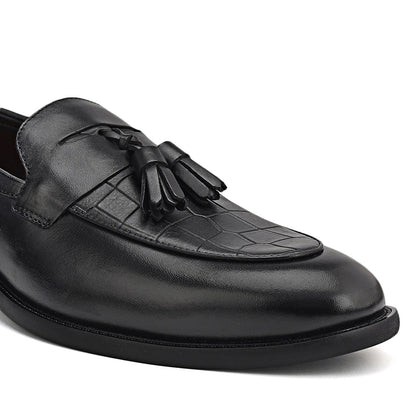 Black Croco Textured Loafers With Tassels