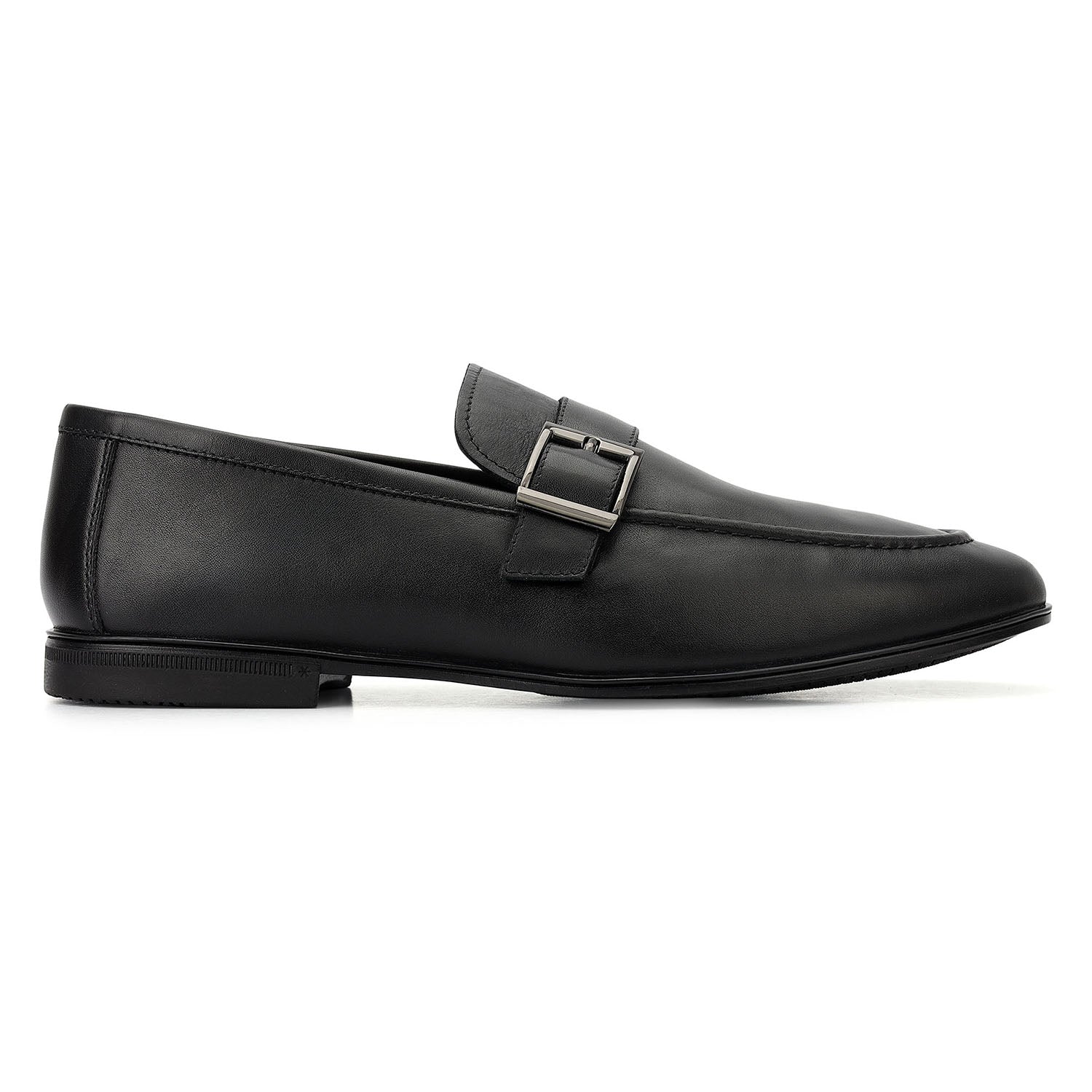 Black Leather Loafers With Buckle Detail