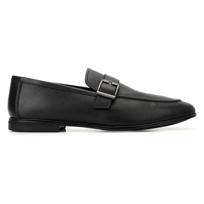 Black Leather Loafers With Buckle Detail