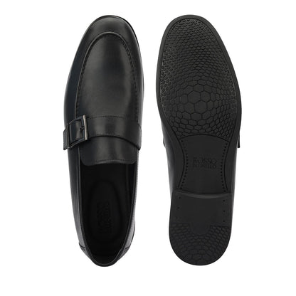 Black Leather Loafers With Buckle Detail