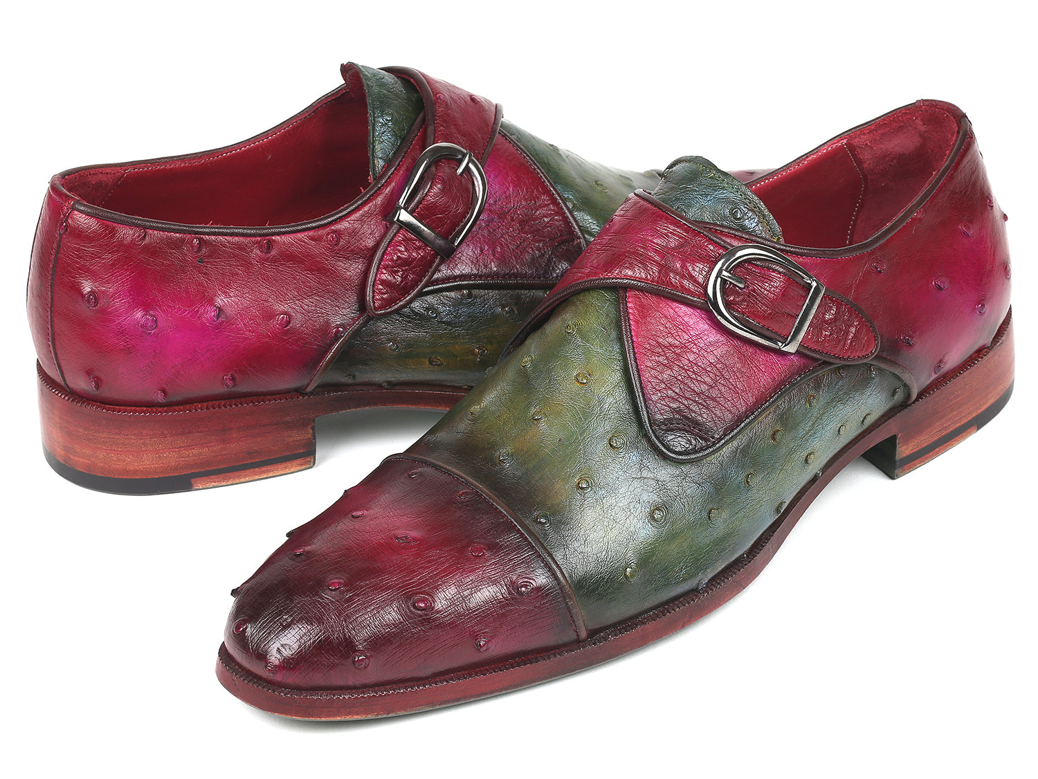 Paul Parkman Genuine Ostrich Monkstraps Green & Purple (ID#91Z68)