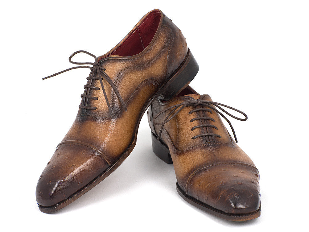 Paul Parkman Men's Genuine Ostrich Captoe Oxfords Camel Color (ID#24XS-CML)