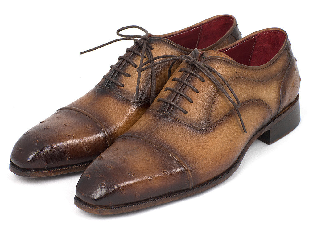 Paul Parkman Men's Genuine Ostrich Captoe Oxfords Camel Color (ID#24XS-CML)