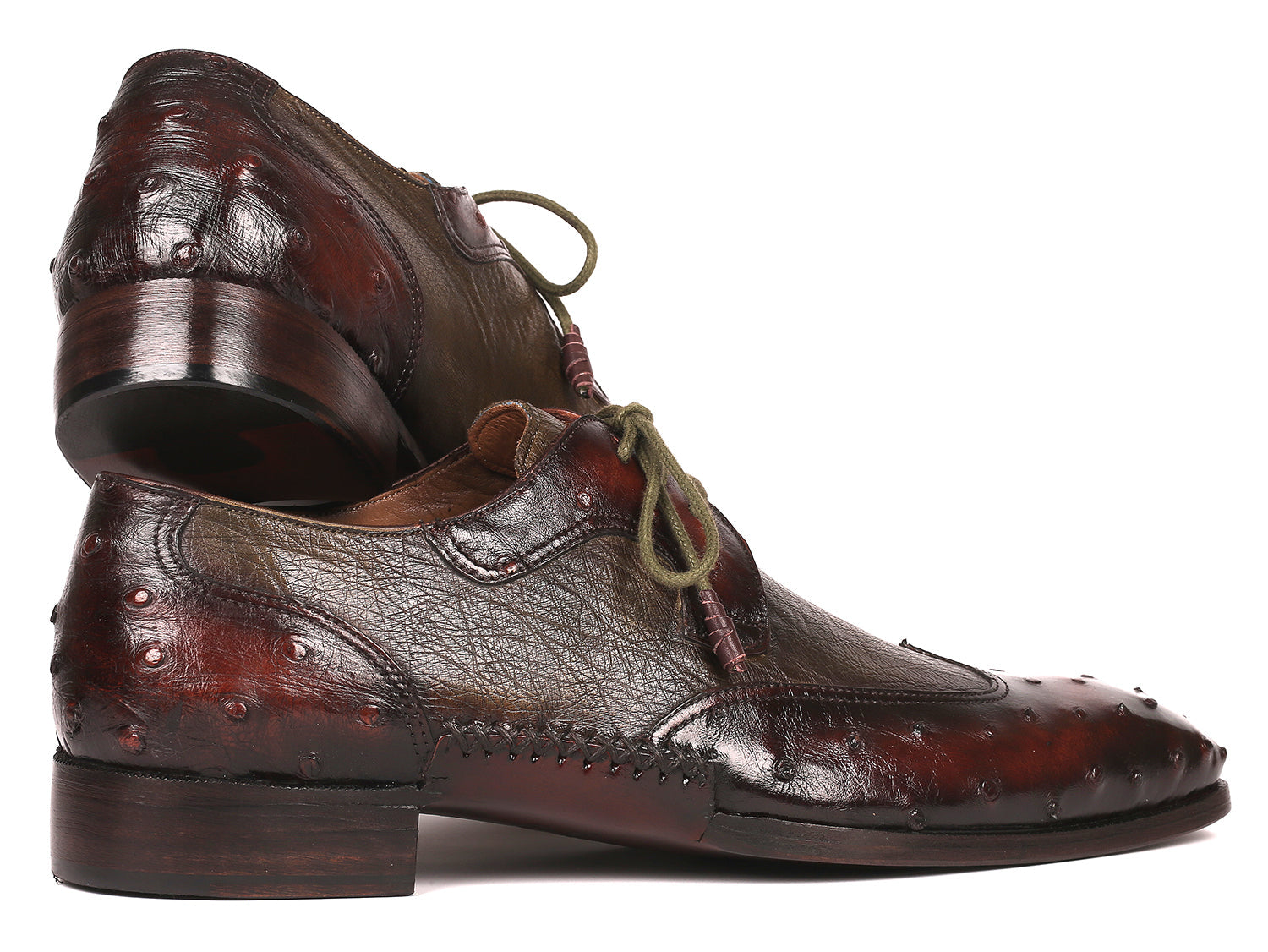 Paul Parkman Ostrich Skin Wingtip Derby Shoes Brown & Green (ID#844H389)