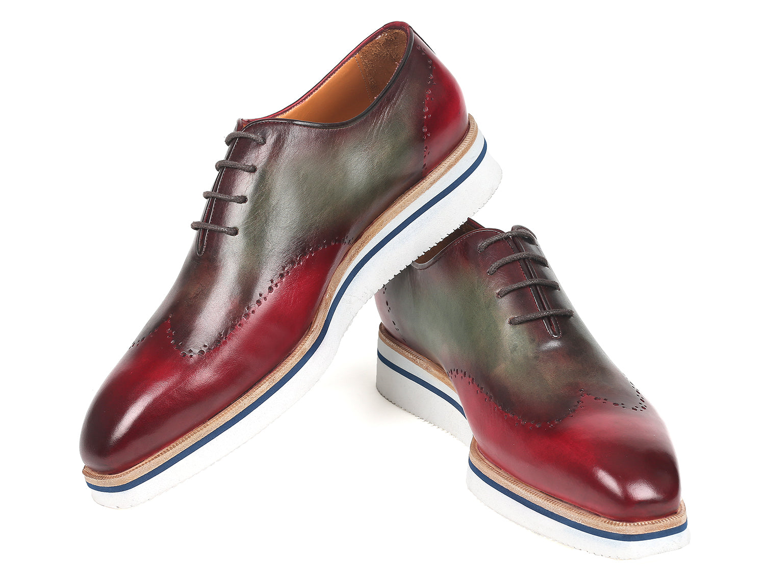 Paul Parkman Men's Smart Casual Wingtip Oxfords Bordeaux & Green (ID#187-BRD-GRN)