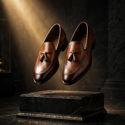 Cobbler India Hand-Painted Brown Tassel Loafers for Men – Premium Dress Shoes