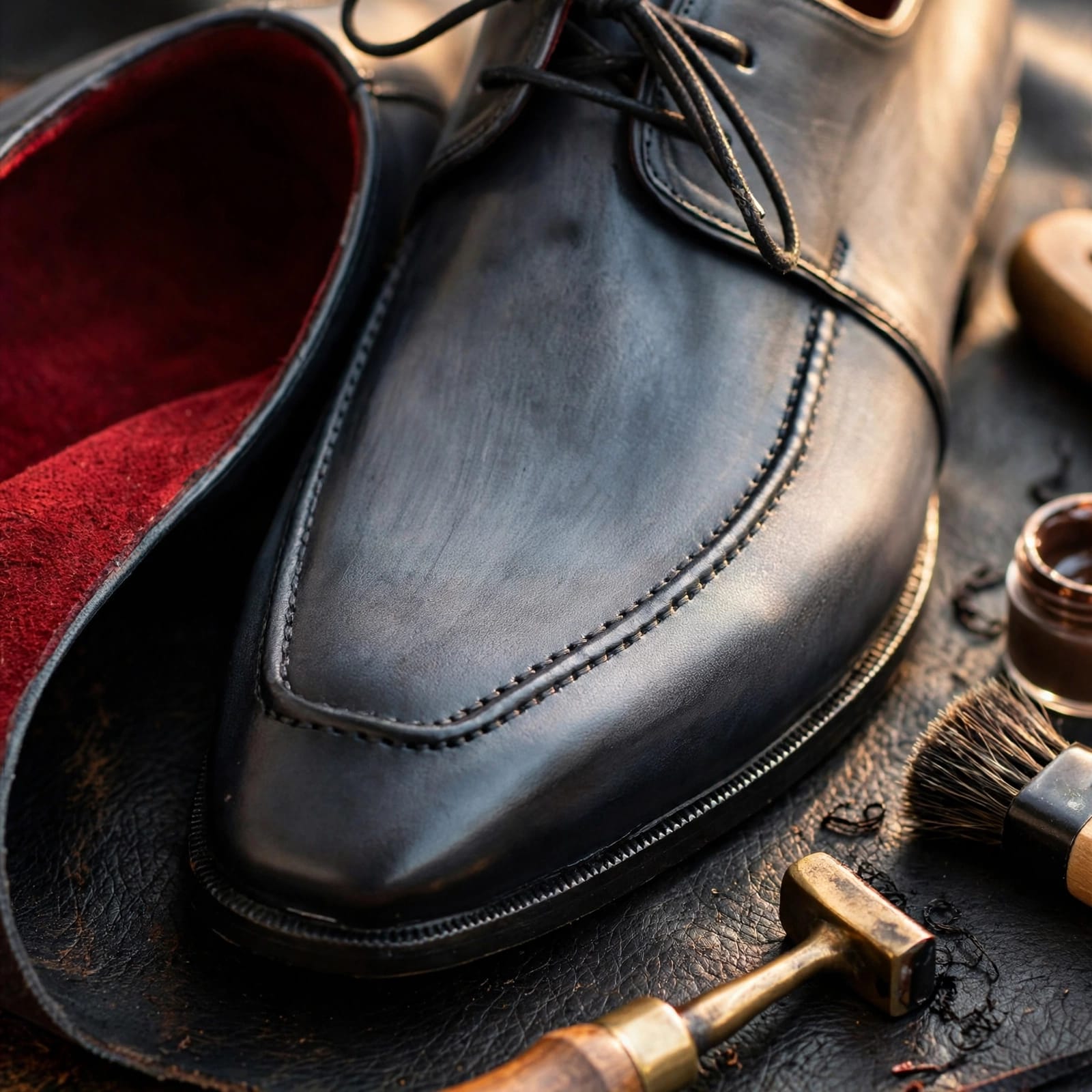 Cobbler India Gray & Black Apron Derby Shoes For Men